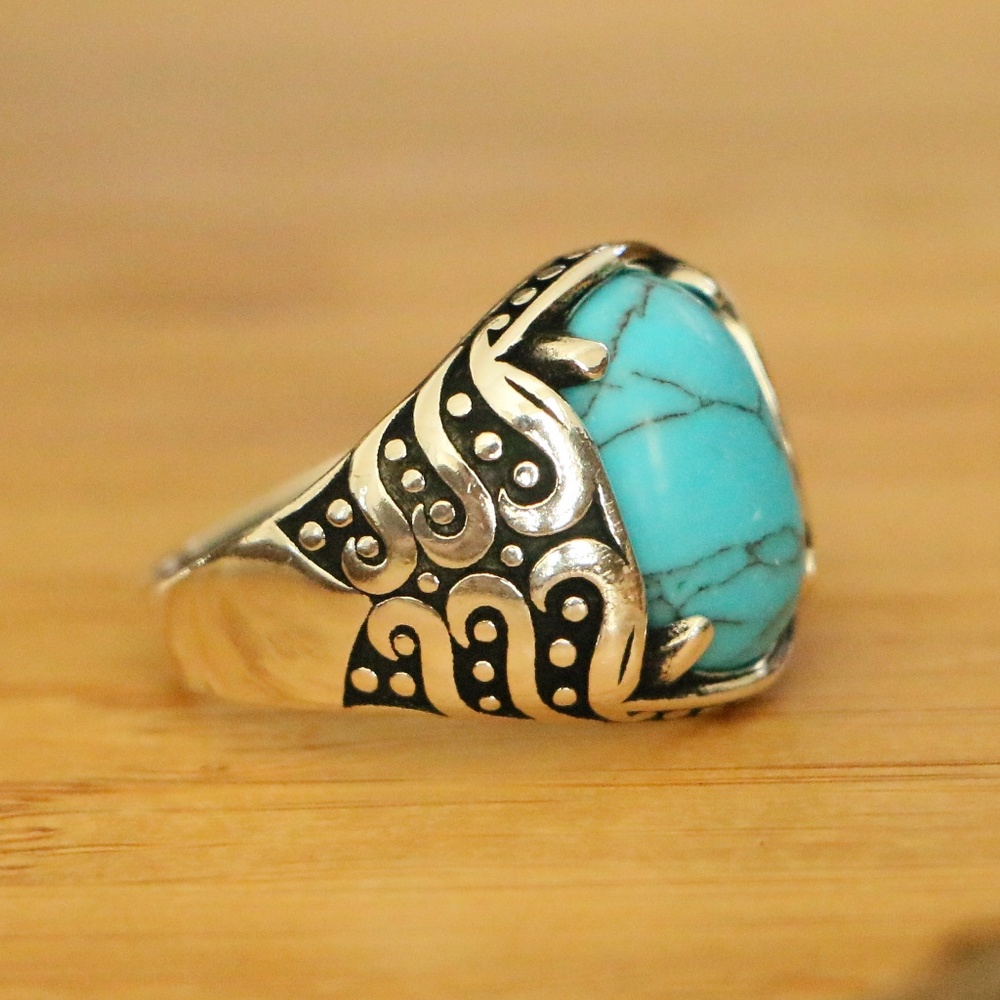 925 Sterling Silver Men's Rings Turquoise Stone - Picture 2 of 9